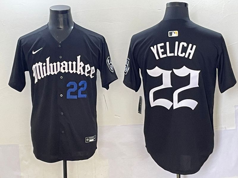 Men 2025 Milwaukee Brewers #22 Yelich Black Five generations Joint Name Nike MLB Jersey style 6